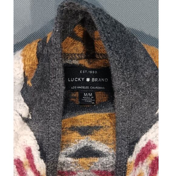 Lucky Brand Aztec Open Front Cardigan Sweater M Gray Boho Southwestern - Picture 2 of 6